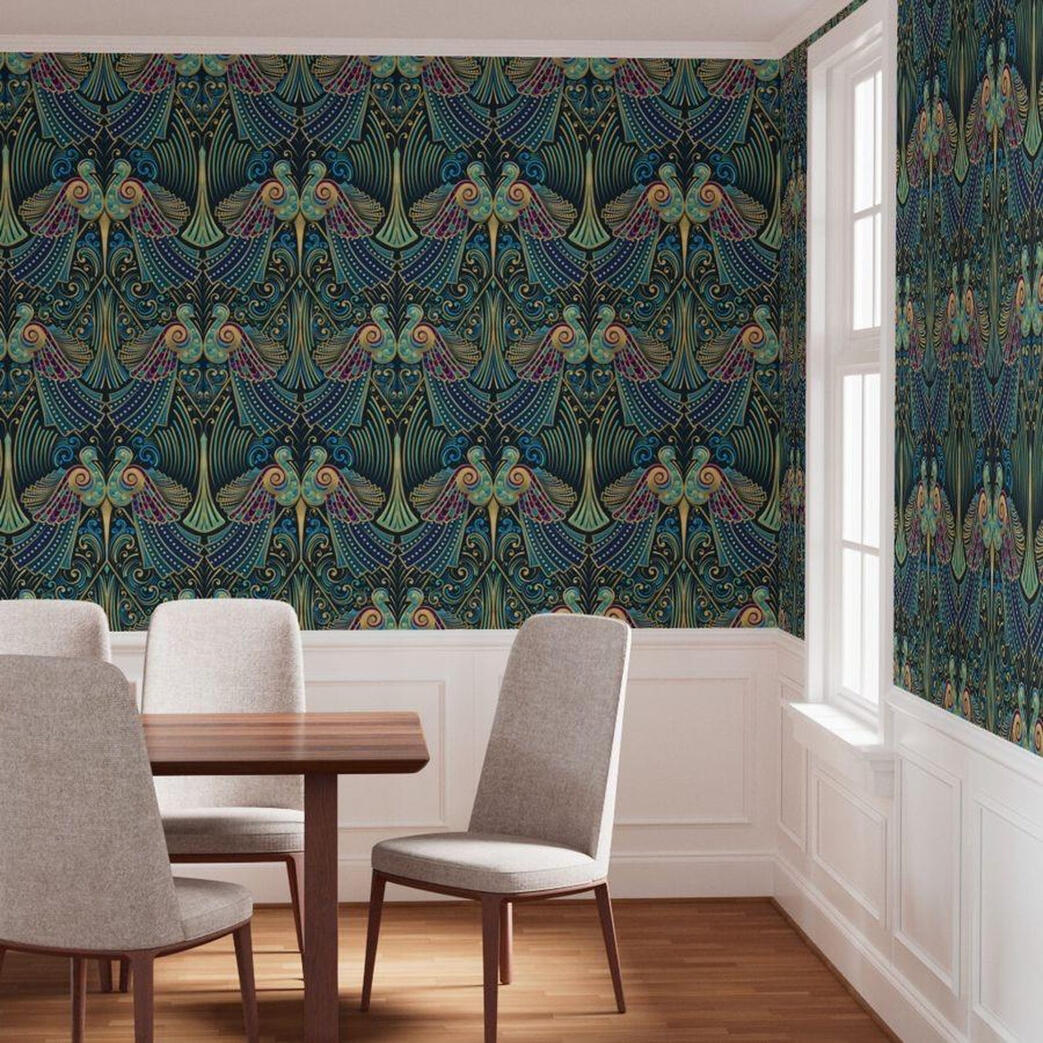 Untitled Elegant dining room showcasing vibrant Art Deco peacock wallpaper with rich blue, teal, and gold details.