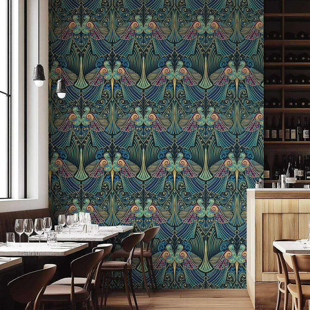 Untitled Jewel-toned Art Deco wallpaper featuring stylized peacocks and fan motifs in an upscale dining space.