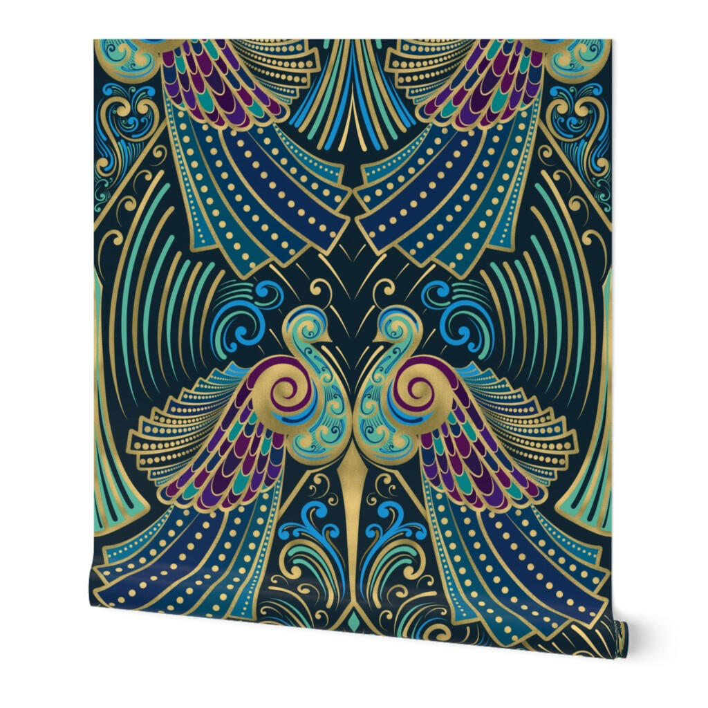 Untitled Roll of jewel-toned Art Deco wallpaper featuring stylized peacock forms, gold accents, and fan-like geometric details.
