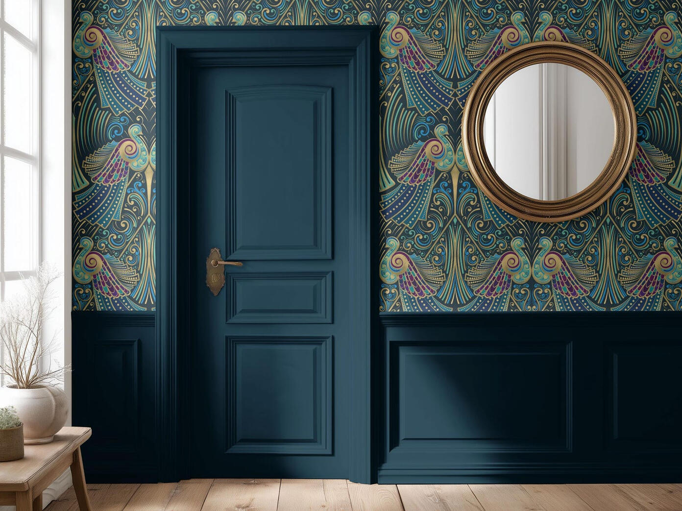 Untitled Bold Art Deco wallpaper with peacock motifs surrounding a navy blue door and decorative round mirror.