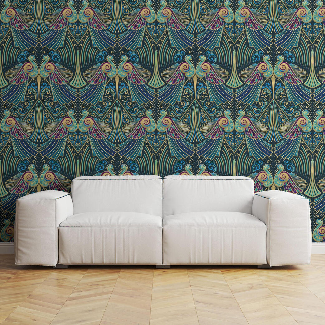 Untitled Colorful Art Deco wallpaper with peacock-inspired motifs displayed behind a modern white sofa.