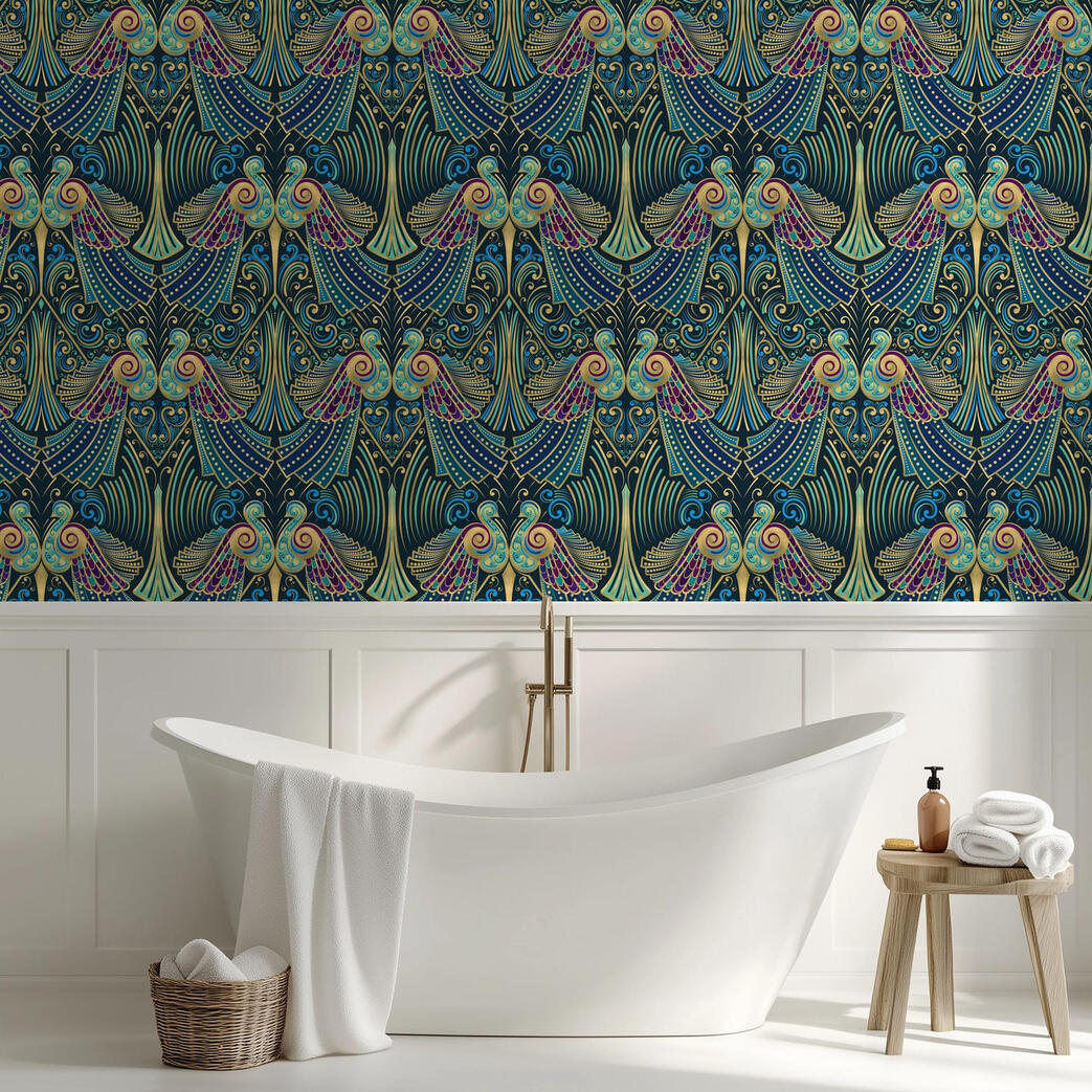 Untitled Luxury bathroom featuring colorful Art Deco wallpaper with ornate peacock-inspired patterns and white wainscoting.