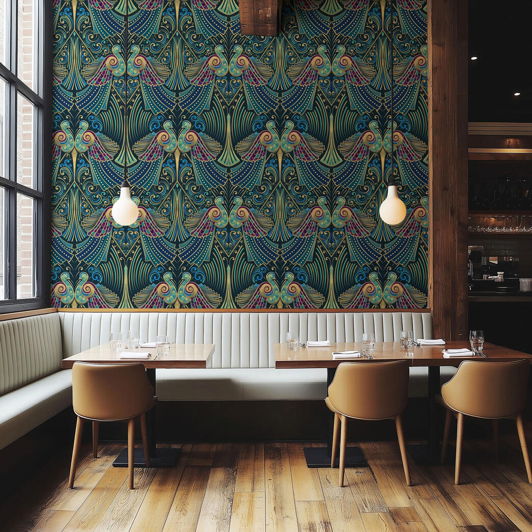 Untitled Restaurant booth seating accented by dramatic Art Deco wallpaper in teal, gold, blue, and plum tones.