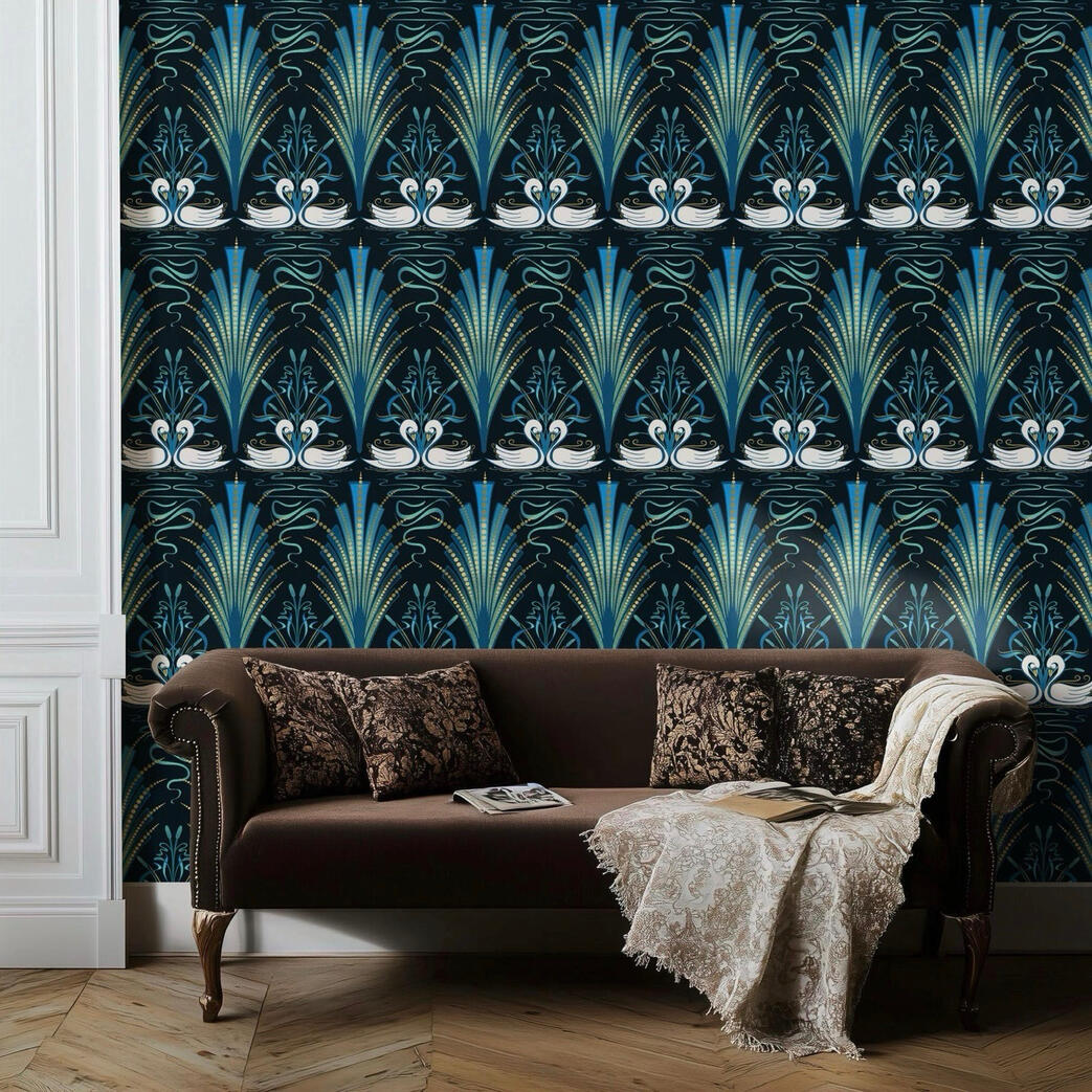 Moody blue Art Deco swan wallpaper behind a dark velvet sofa in an elegant living room with classic architectural details.