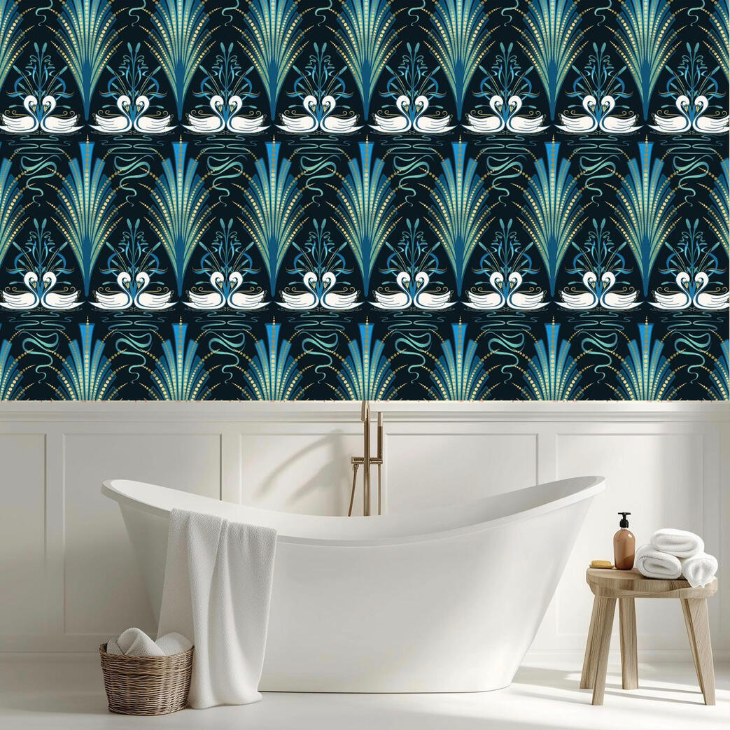 Untitled Dark Art Deco swan wallpaper creating a dramatic backdrop for a bright white freestanding bathtub in a luxurious bathroom.