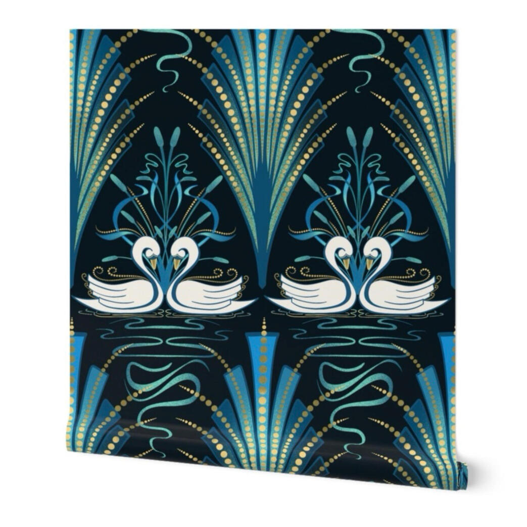 Untitled Close-up of a repeating Art Deco swan wallpaper pattern featuring teal fan motifs, white swans, and gold accents on a deep navy background.