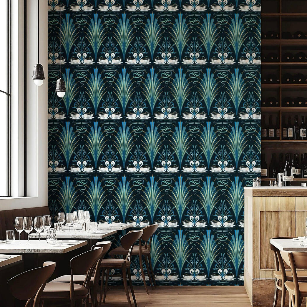 Untitled Bold Art Deco swan wallpaper adding vintage glamour to a stylish restaurant dining space with floor-to-ceiling windows.