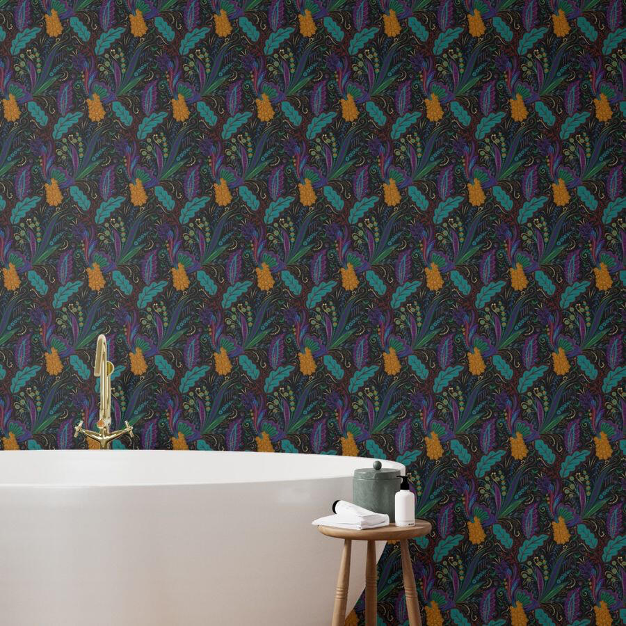 Untitled Modern freestanding bathtub against a feature wall covered in dark botanical wallpaper with teal, purple, and gold floral motifs.