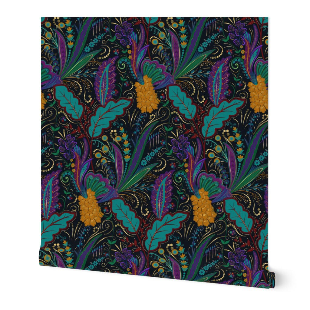 Wallpaper roll displaying a seamless black botanical pattern with teal foliage, purple flowers, and golden floral accents.