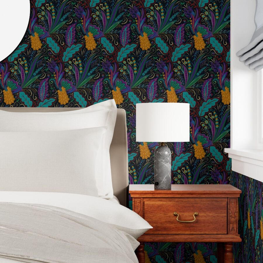Untitled Cozy bedroom corner with a wooden nightstand and white bedding set against richly detailed black botanical wallpaper in vibrant jewel tones.