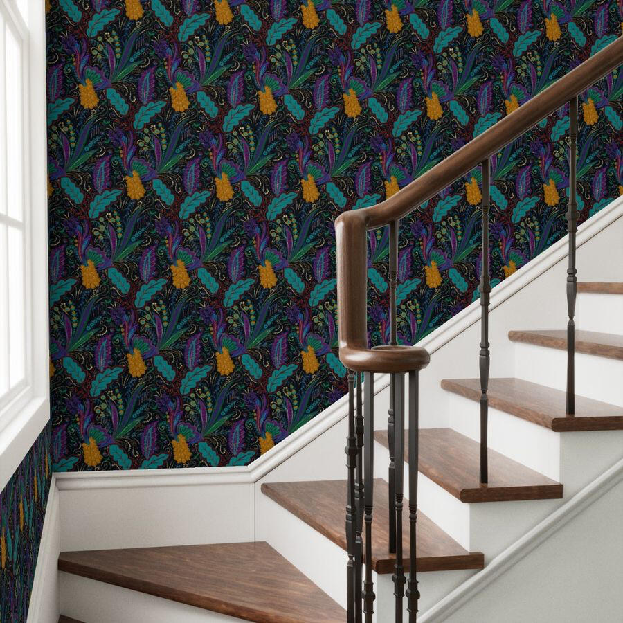 Untitled Bright staircase with dark botanical wallpaper featuring flowing teal leaves, purple florals, and golden blooms for a bold, elegant backdrop.