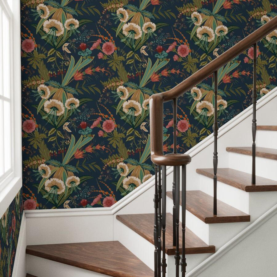 Untitled Wood staircase with dark floral wallpaper featuring cream blossoms, coral flowers, and lush green foliage.