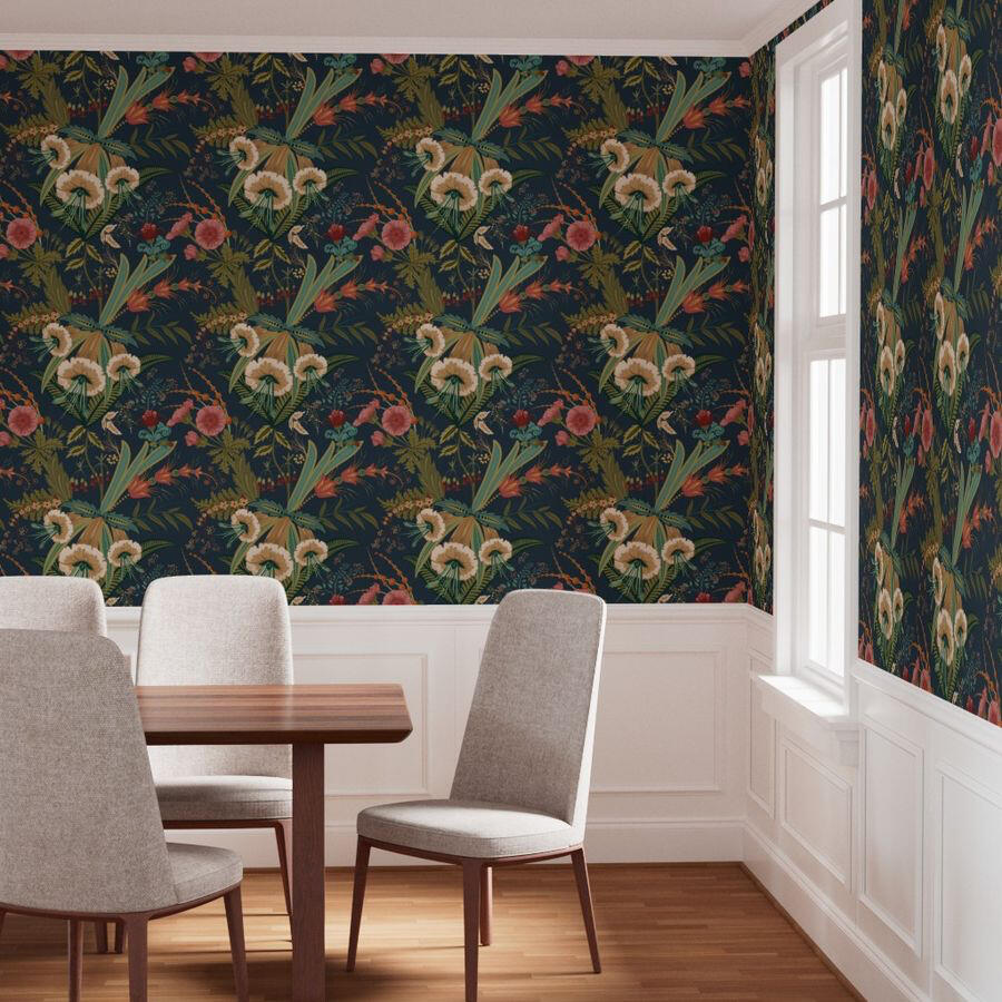 Untitled Dining table and upholstered chairs displayed in a room with formal ornate floral wallpaper and white wainscoting.