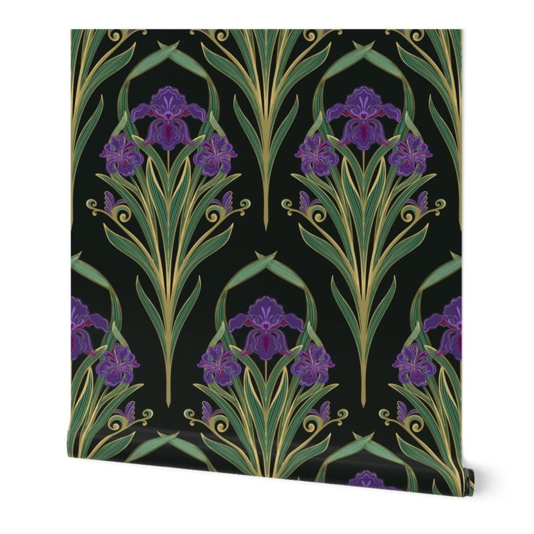 Untitled Art Nouveau iris wallpaper sample showcasing stylized purple flowers, green foliage, and decorative botanical linework.