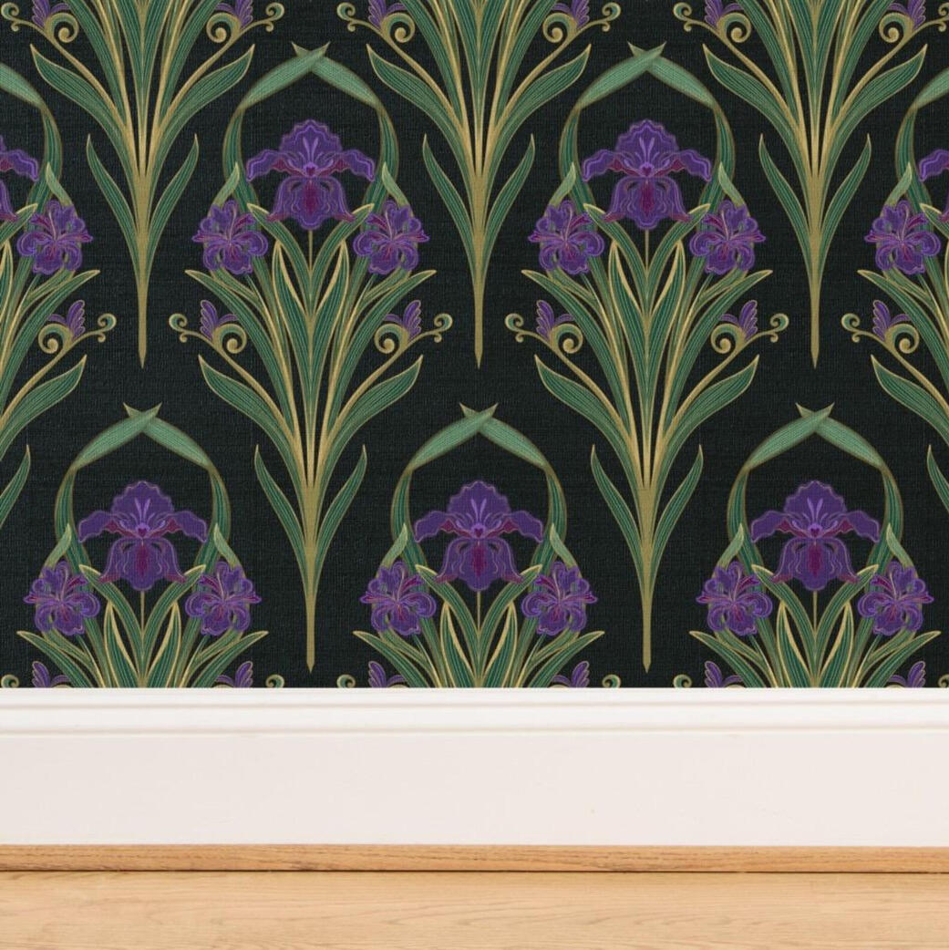 Untitled Close-up of Art Nouveau iris wallpaper with stylized purple flowers, curved botanical stems, and a dramatic dark background