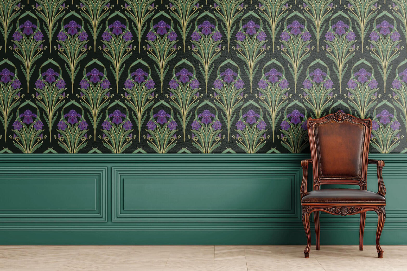 Untitled Art Nouveau iris wallpaper featuring purple iris blooms, flowing green foliage, and gold accents above emerald wainscoting and a vintage wood chair
