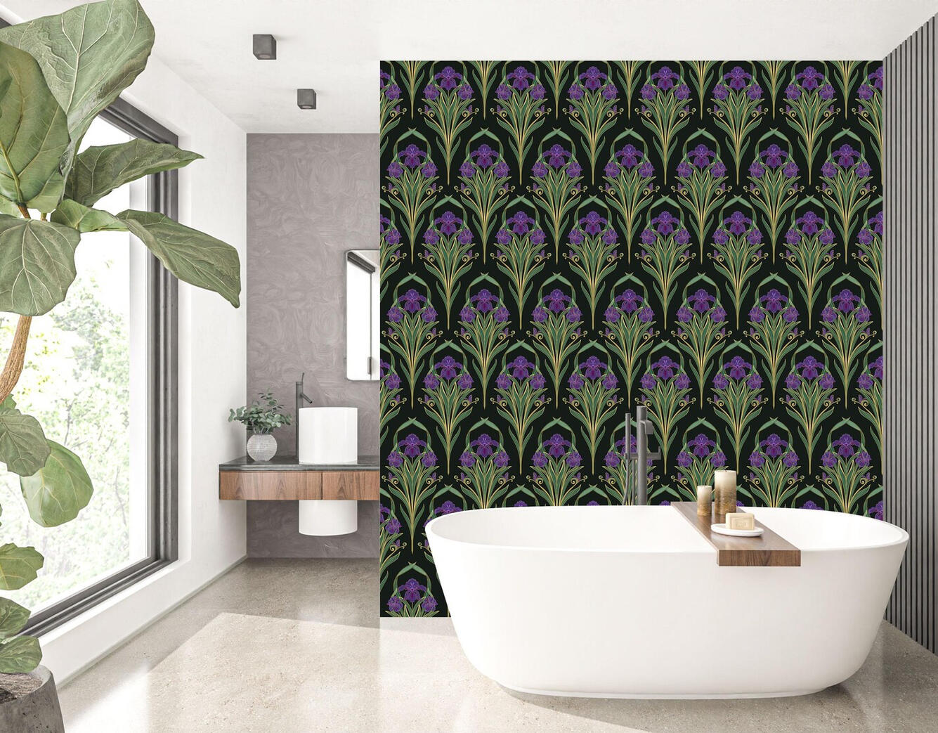 Untitled Art Nouveau floral wallpaper with purple irises and flowing botanical motifs displayed in a modern luxury bathroom