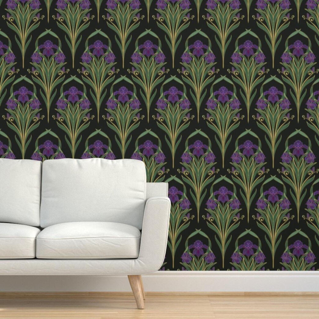 Untitled Luxury floral wallpaper featuring repeating iris blooms and flowing botanical details in a contemporary living room