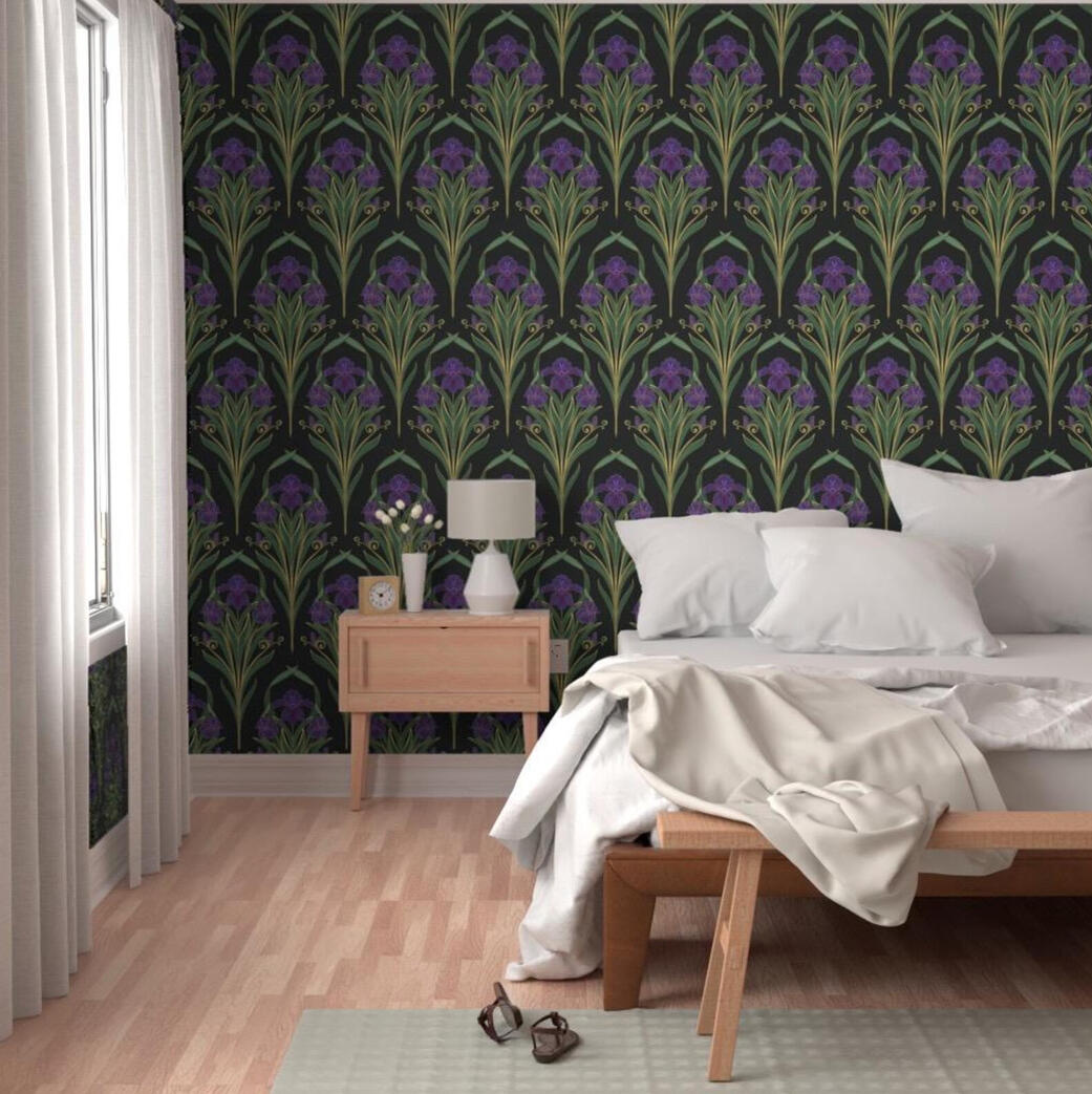 Untitled Dark botanical iris wallpaper in a bedroom featuring jewel-toned floral patterns inspired by the Art Nouveau movement