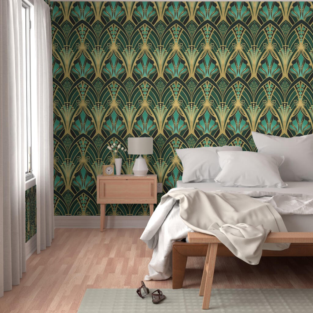 Untitled Bedroom with luxurious Art Deco wallpaper in gold, teal, and dark green geometric fan patterns creating a dramatic focal wall.