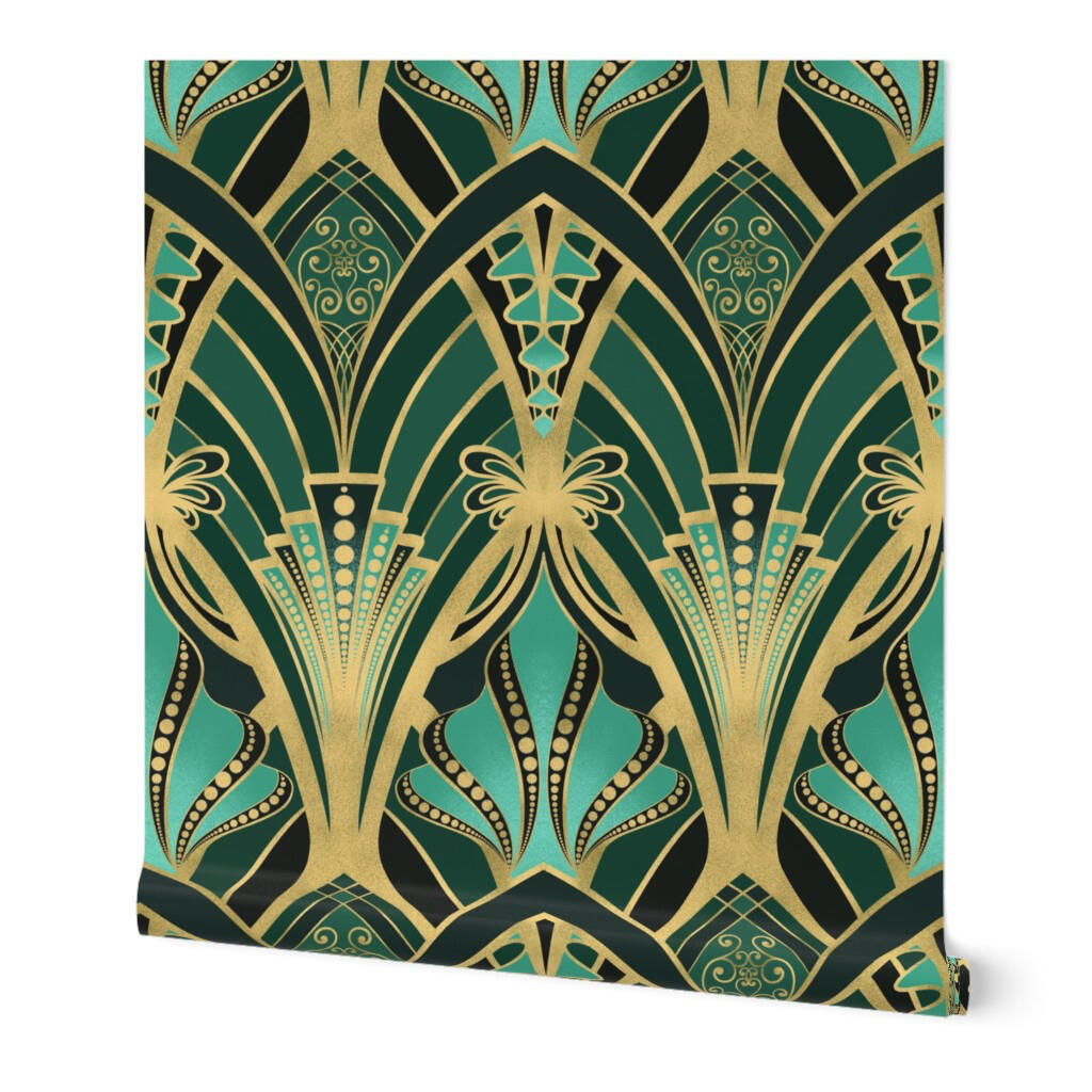 Untitled Close-up of Art Deco wallpaper roll displaying intricate gold fan motifs on a deep teal and emerald geometric background.
