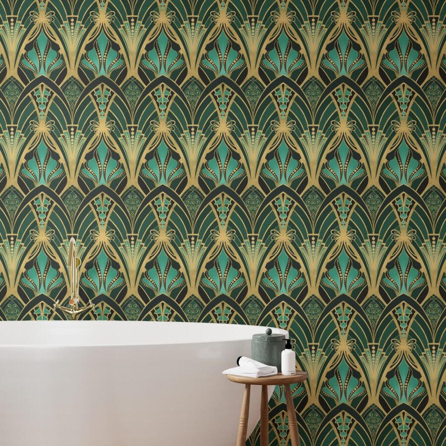 Elegant bathroom showcasing Art Deco wallpaper with gold fan motifs and teal accents above a freestanding white bathtub.