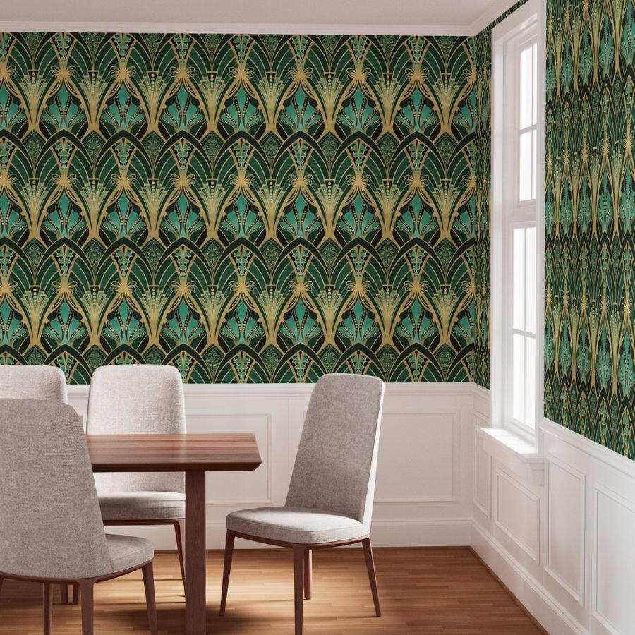 Untitled Dining room featuring bold Art Deco wallpaper with repeating gold fan motifs against rich teal and emerald tones.