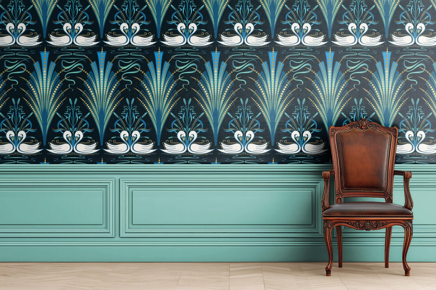 Untitled Art Nouveau and Art Deco inspired swan wallpaper featuring elegant white swans, flowing lines, and blue jewel tones, above light teal wainscoting and a wooden antique arm chair.