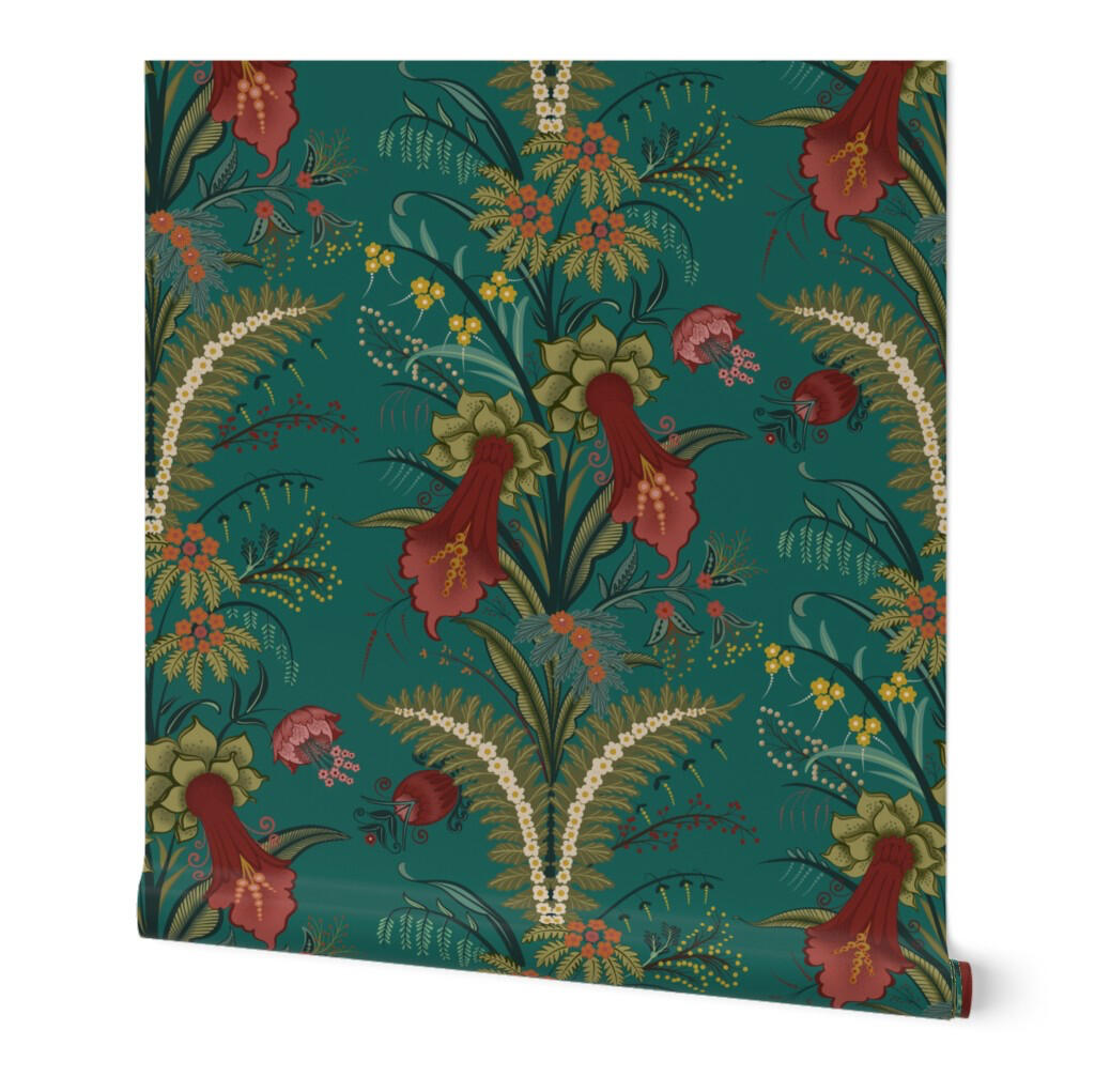 Moody botanical wallpaper featuring vintage-inspired flowers and foliage in muted reds, greens, and teal.