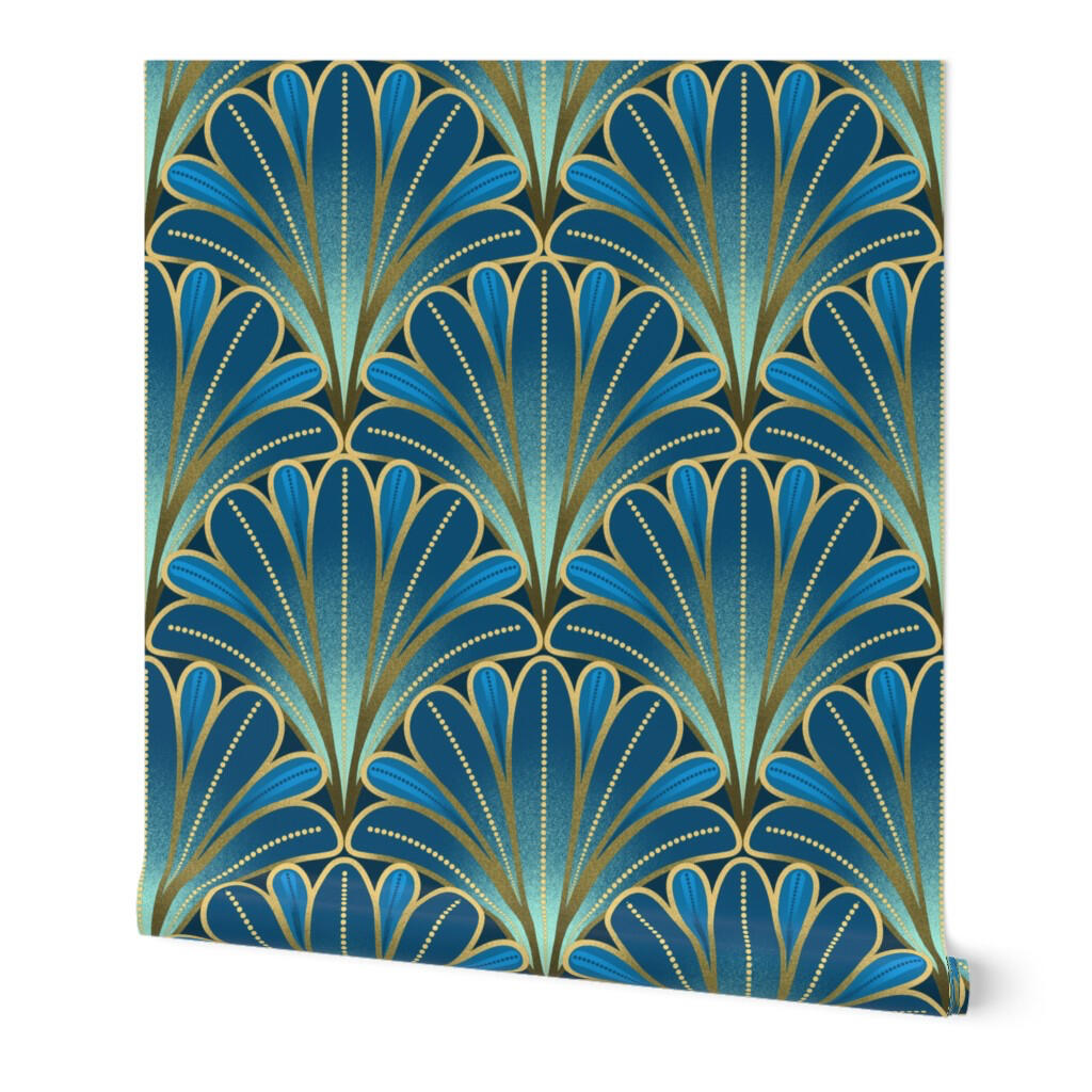 Art Deco scallop wallpaper featuring fan-shaped geometric motifs in sapphire blue, teal, and gold.