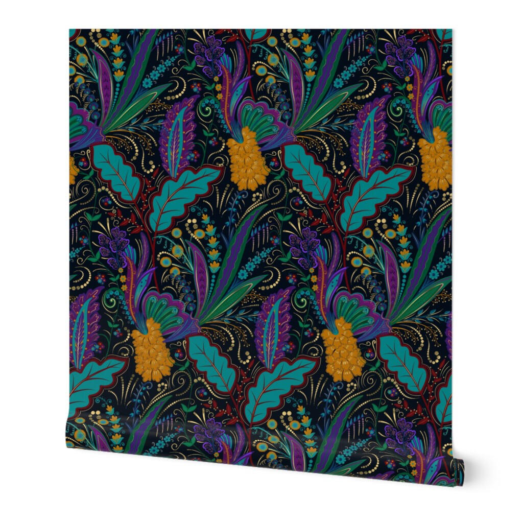 Jewel-tone boho floral wallpaper with vibrant tropical flowers, leaves, and decorative botanical details on black.