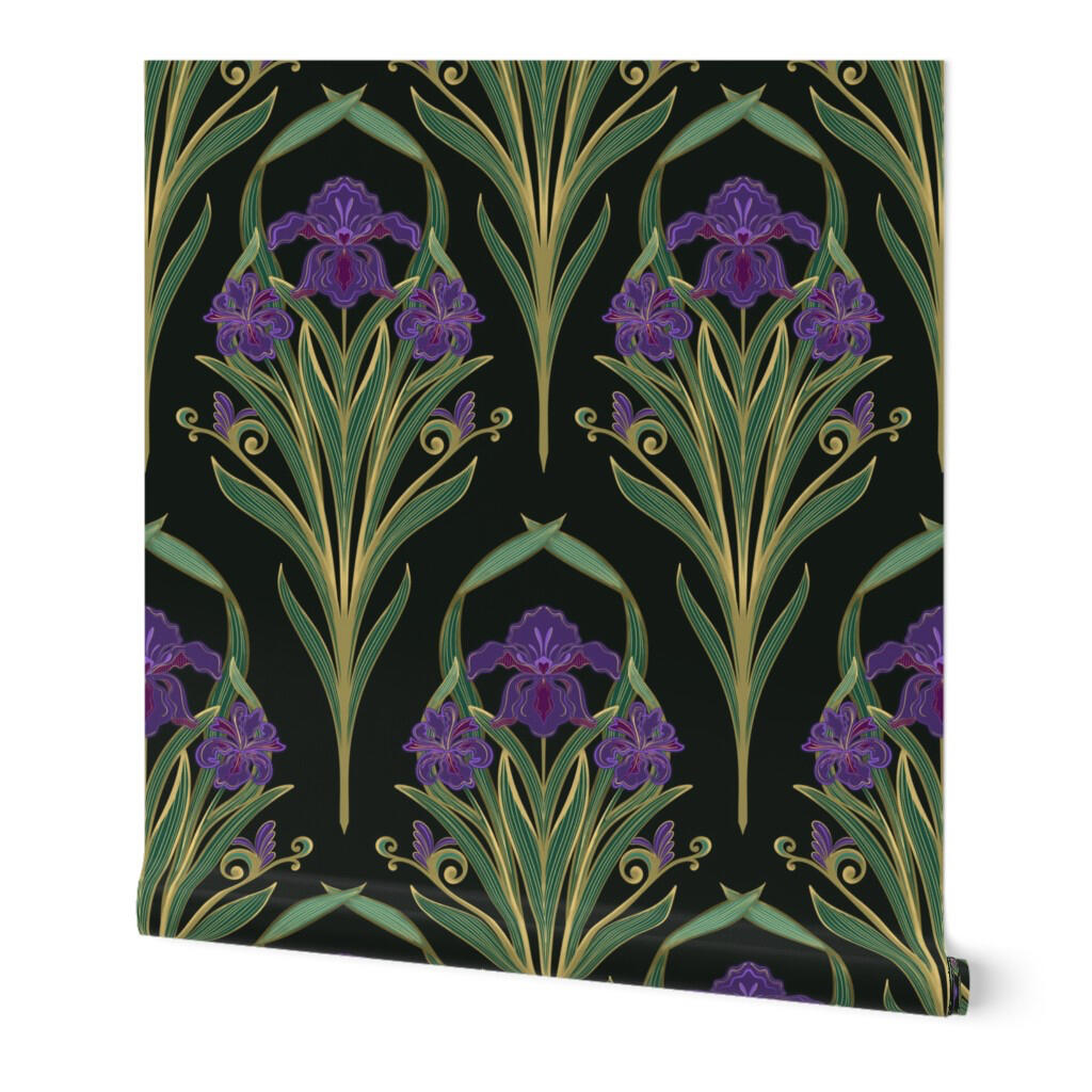 Art Nouveau iris wallpaper featuring stylized purple iris flowers and flowing green stems on a dramatic black background.