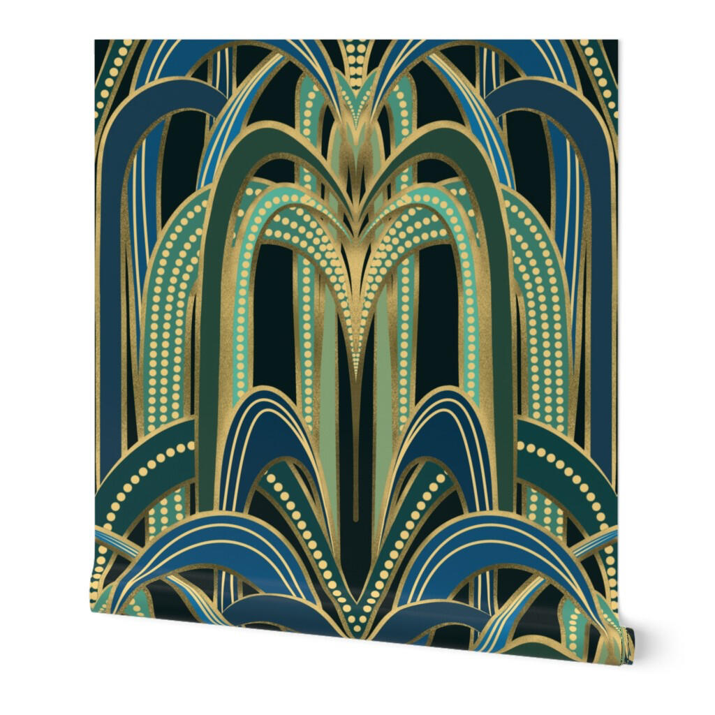 Art Deco wallpaper featuring cascading fountain motifs and elegant gold-lined arches in deep blue and teal.