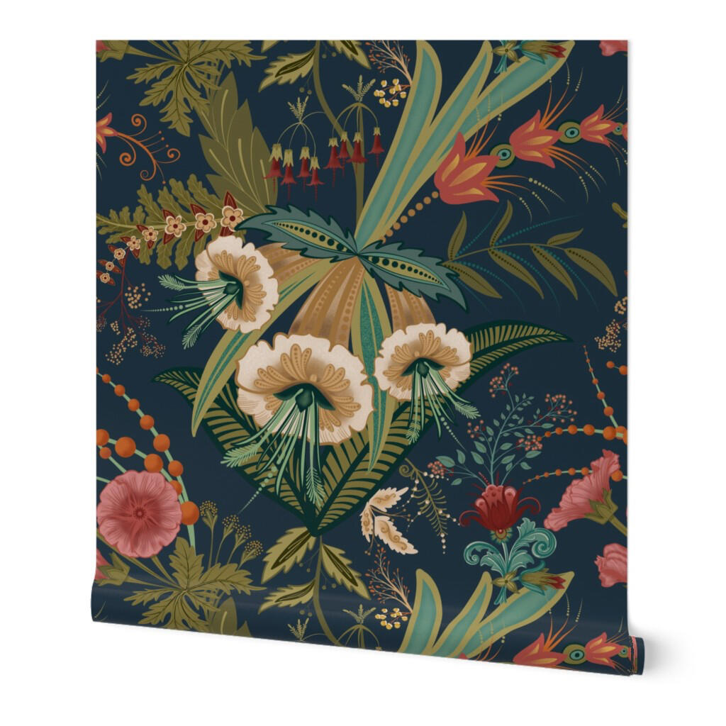 Ornate Victorian floral wallpaper featuring vintage botanical blooms, foliage, and soft jewel-tone accents on navy blue.