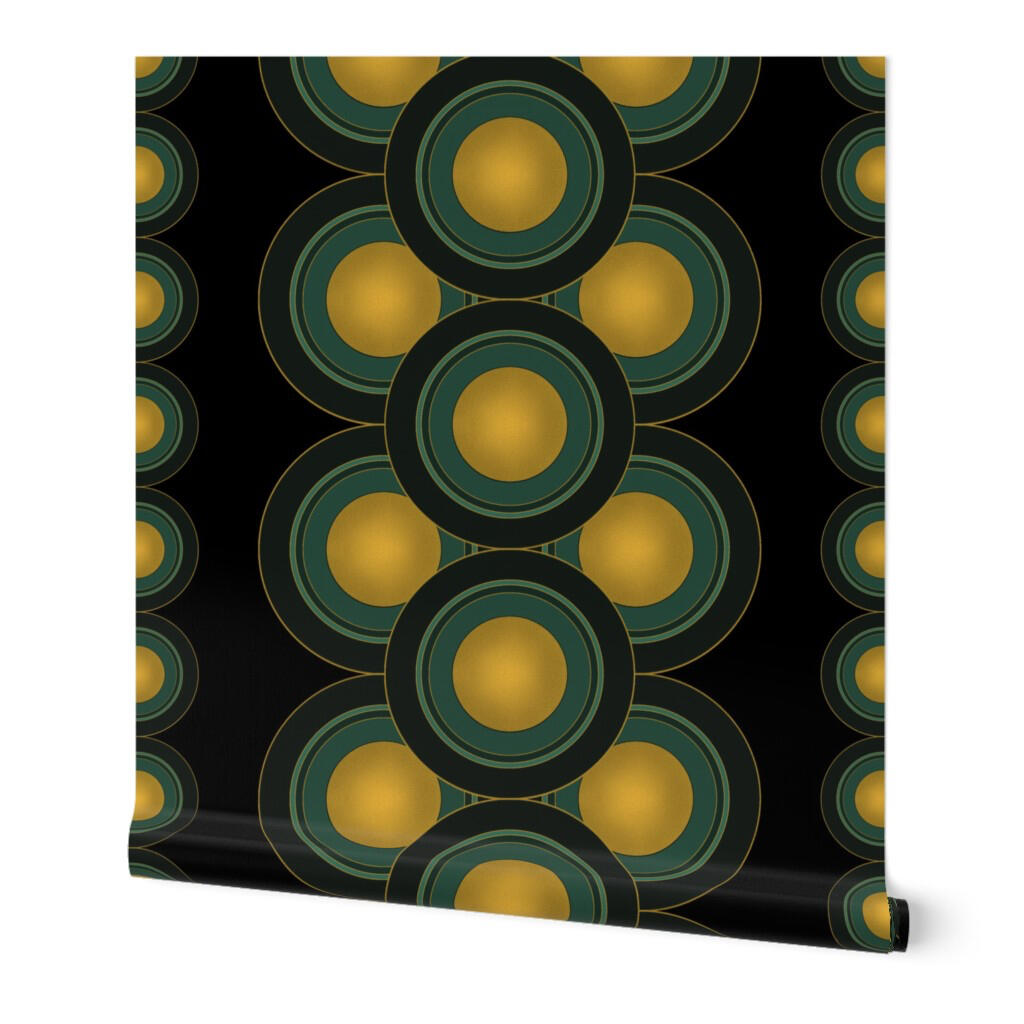 Modern geometric wallpaper with overlapping circles in gold, teal, and black creating a bold contemporary design.