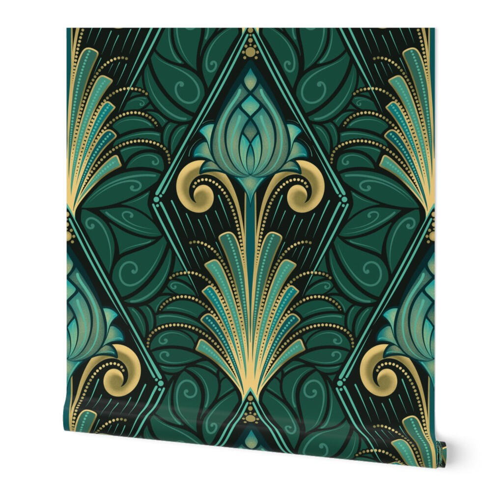 Art Deco lotus wallpaper with stylized floral motifs, gold accents, and rich teal jewel-tone coloring.