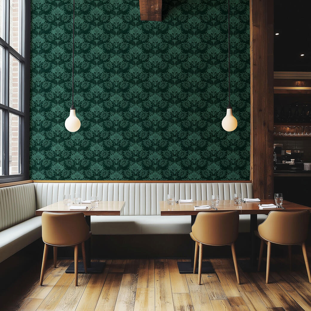 Untitled Sophisticated restaurant interior with emerald damask wallpaper, wood accents, and modern pendant lighting.