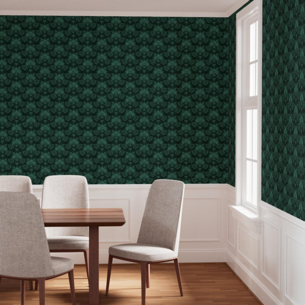 Untitled Elegant dining room featuring dark green damask wallpaper, white wainscoting, and upholstered dining chairs.