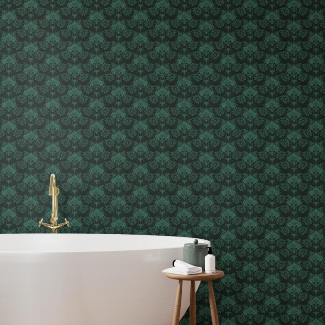 Untitled Luxury bathroom featuring emerald damask wallpaper, a freestanding white bathtub, and brass fixtures.