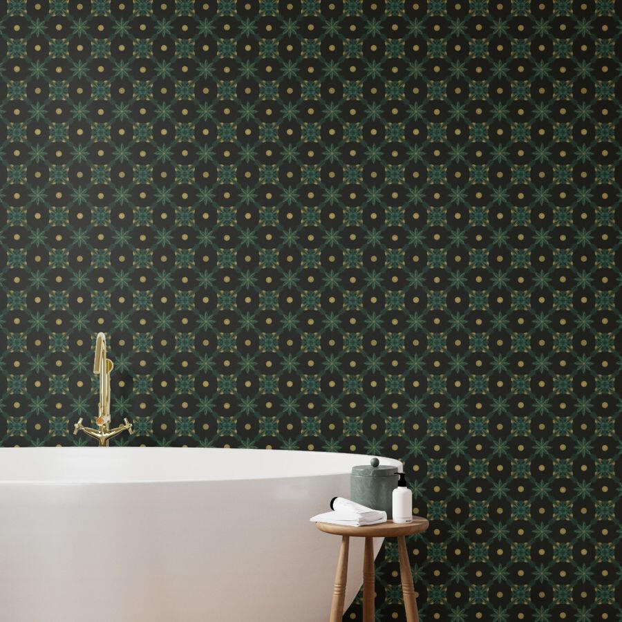 Untitled Freestanding bathtub against rich emerald green and gold geometric wallpaper with a luxurious Art Deco-inspired pattern.