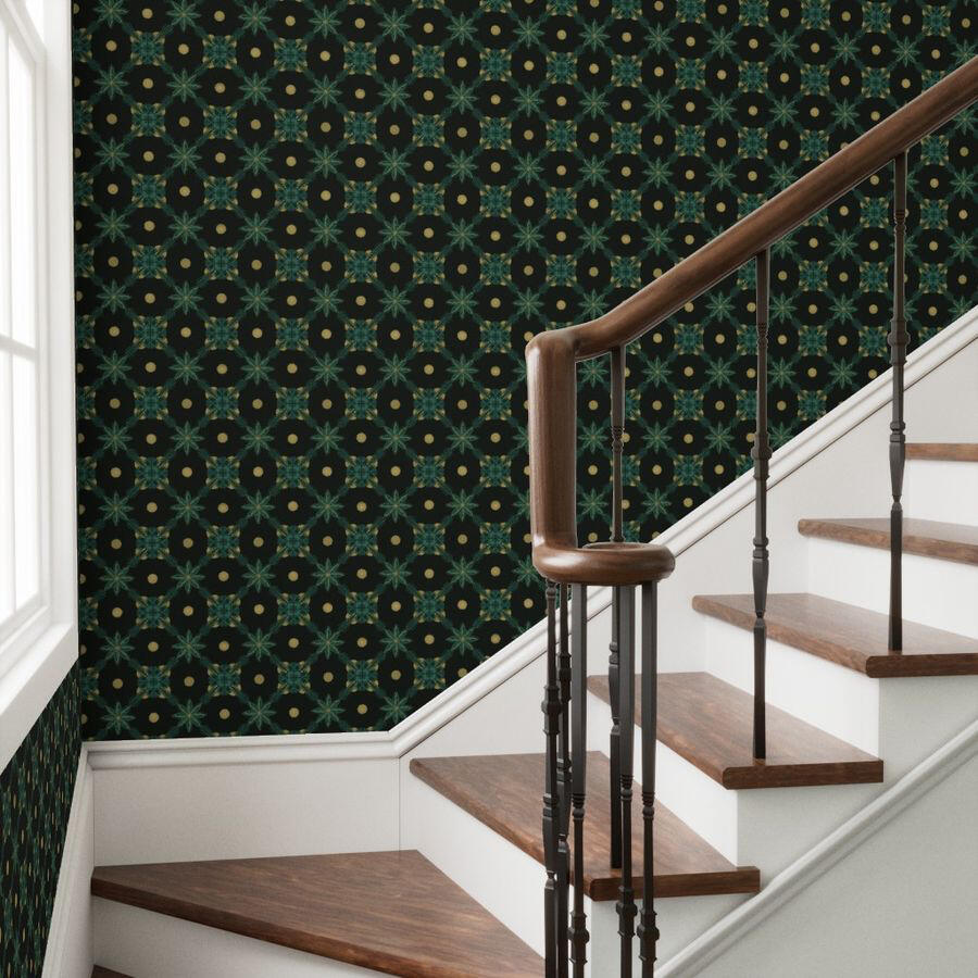 Wood staircase accented with dramatic emerald green and gold geometric wallpaper inspired by Art Deco design.