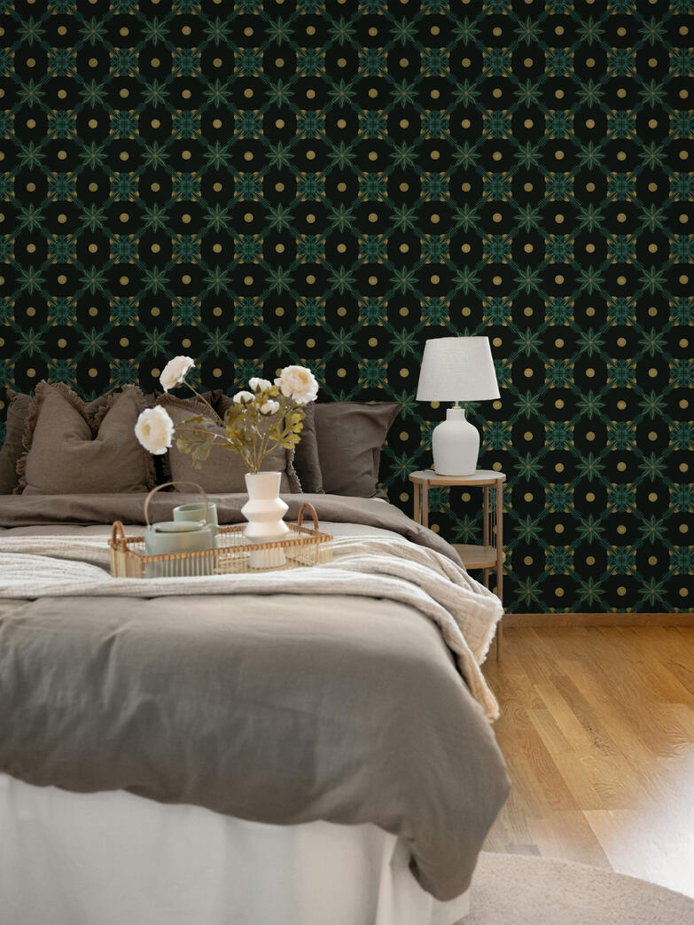 Untitled Cozy bedroom with layered neutral bedding and dramatic emerald green and gold geometric wallpaper adding a luxurious touch.