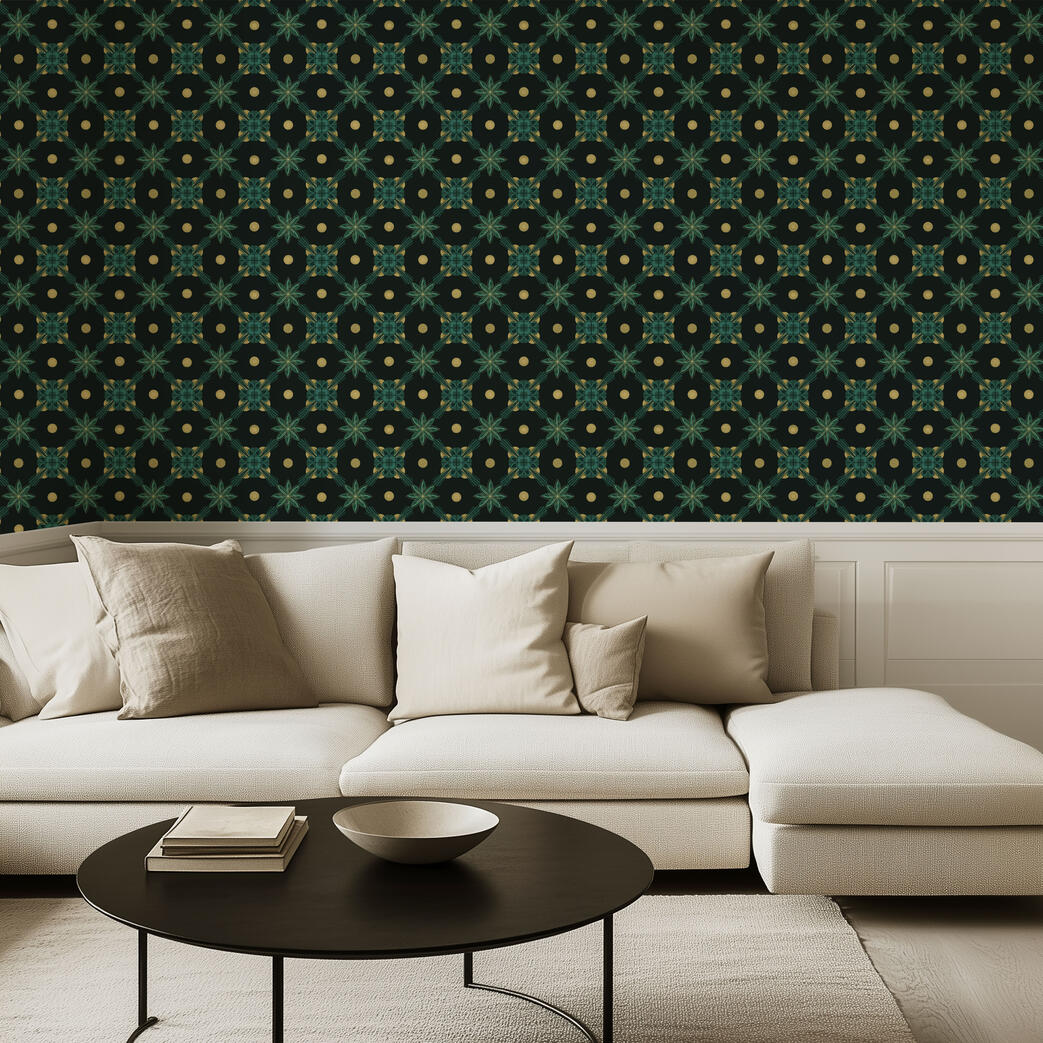 Untitled Contemporary living room with cream sectional sofa and elegant emerald green and gold geometric wallpaper on the feature wall.