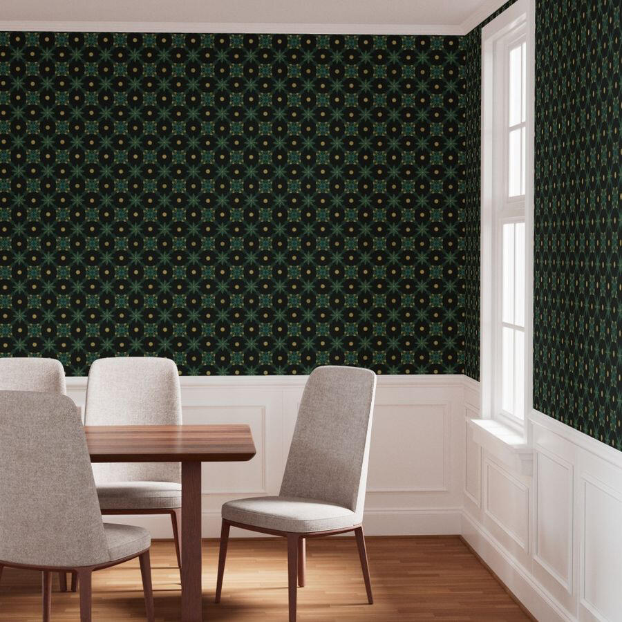 Untitled Bright dining room with white wainscoting and bold emerald green and gold geometric wallpaper creating a sophisticated backdrop.