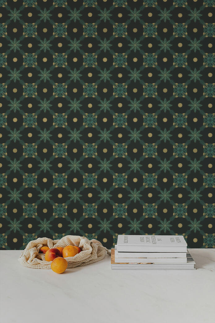 Untitled Close-up view of emerald green and gold geometric wallpaper displayed above a white console with decorative accents.
