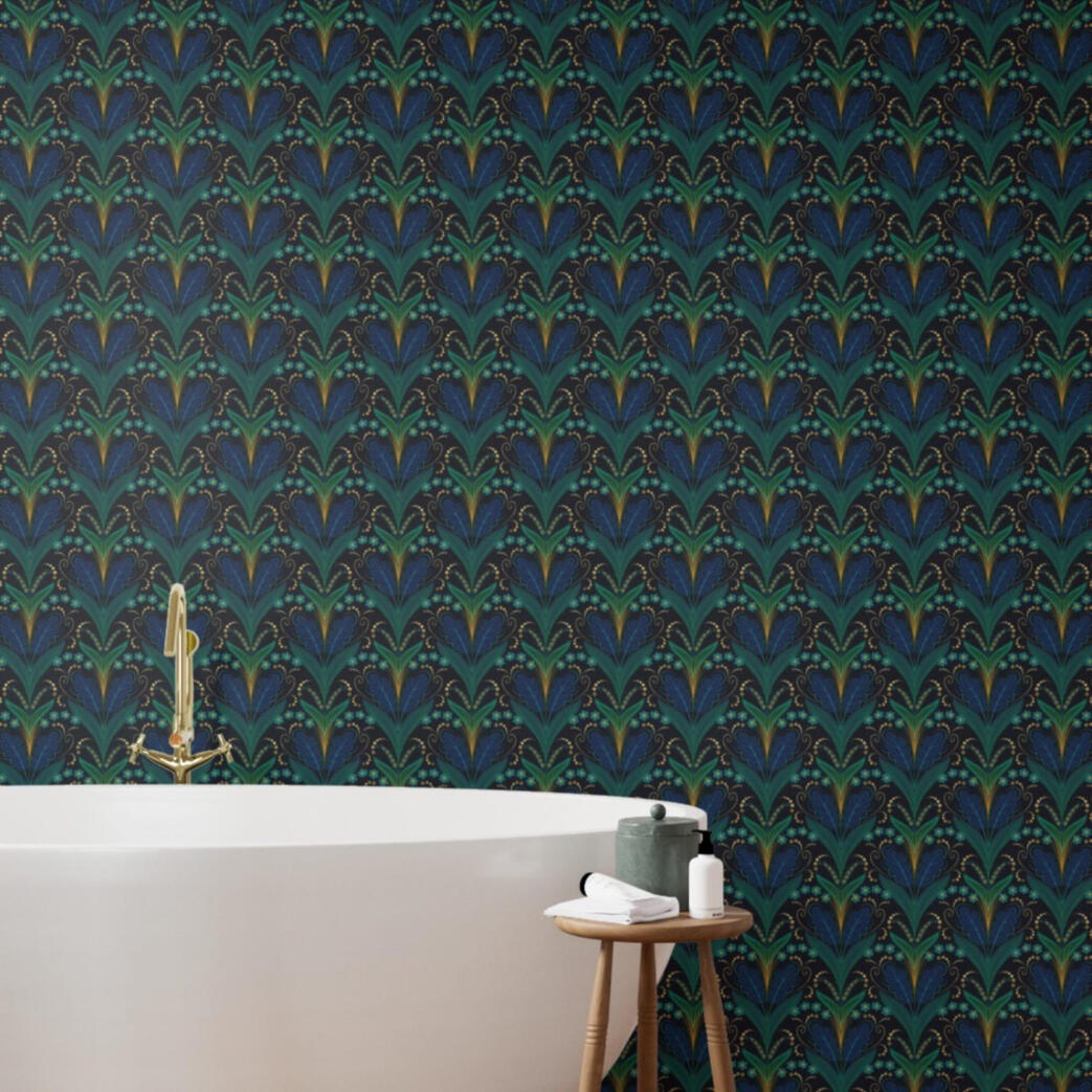 Untitled Elegant jewel-toned Art Deco wallpaper featured behind a freestanding white bathtub in a luxurious bathroom.