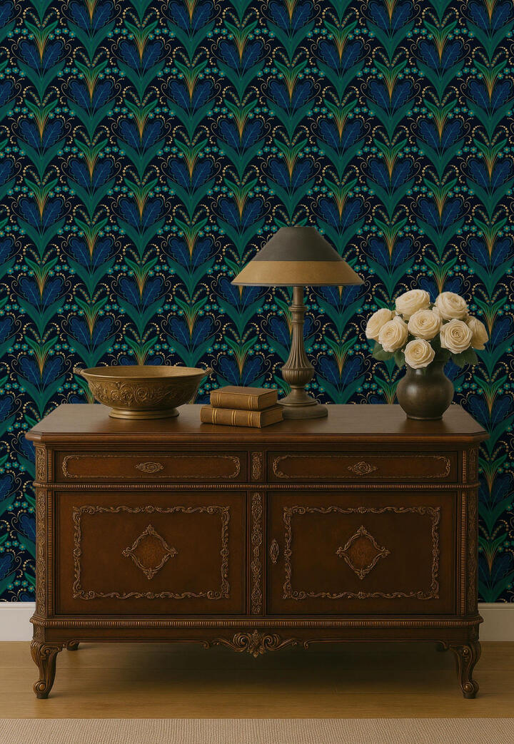 Untitled Dark Art Deco botanical wallpaper in jewel tones behind a vintage wooden console table styled with books, flowers, and a brass lamp.