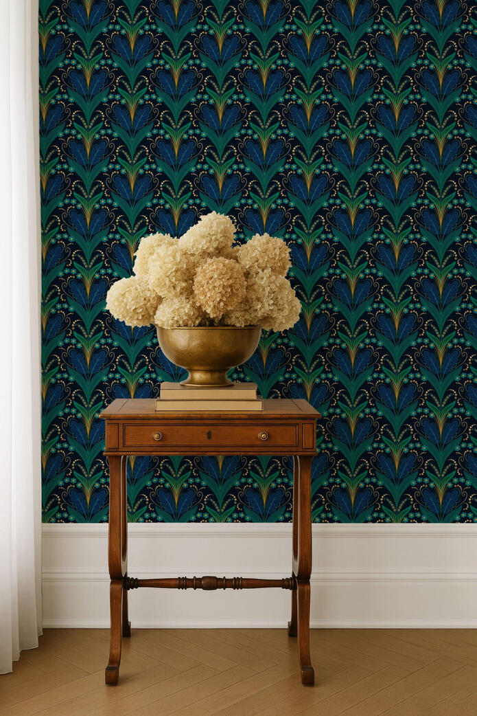 Untitled Deep blue and emerald botanical Art Deco wallpaper behind a classic wooden side table topped with a decorative floral arrangement.