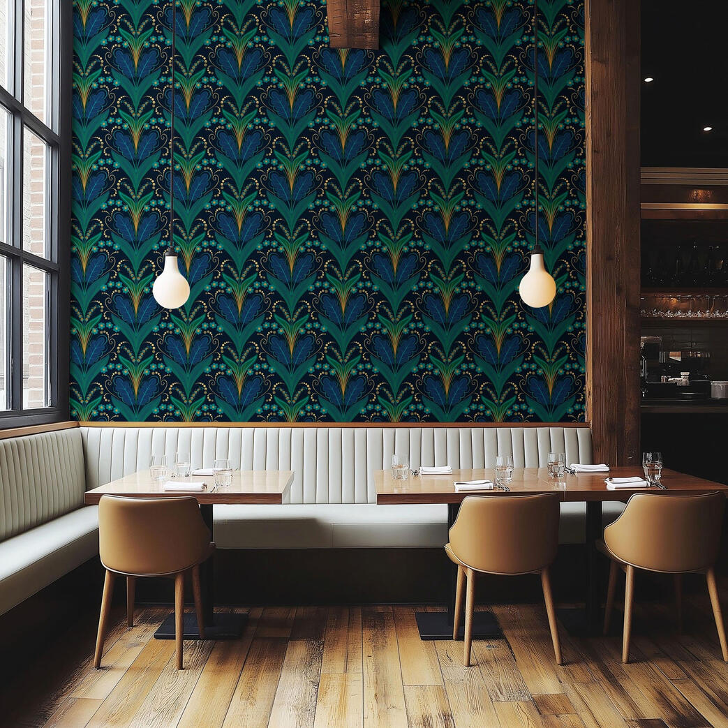 Moody blue and emerald Art Deco wallpaper creating an elegant backdrop for a modern restaurant dining area with wood accents.