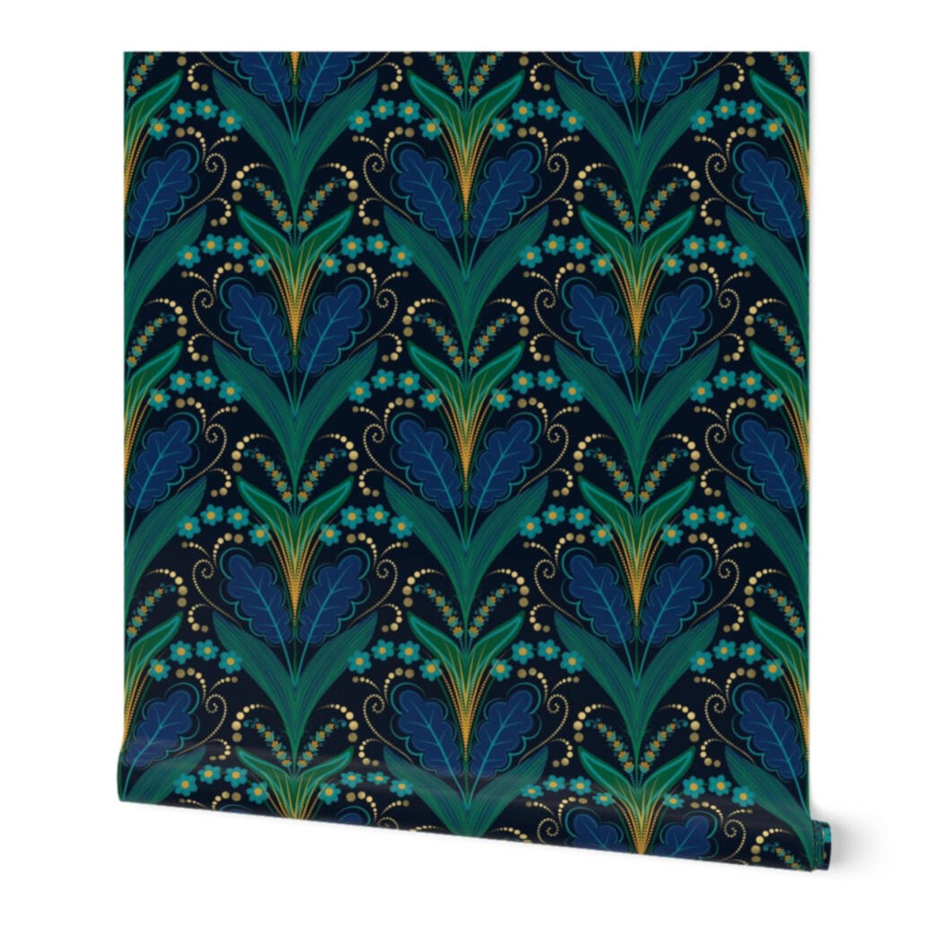 Untitled Wallpaper roll displaying a repeating Art Deco botanical pattern in navy, teal, emerald, and gold on a rich dark background.